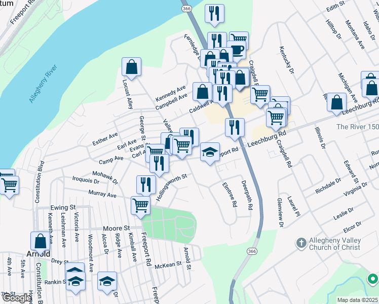 map of restaurants, bars, coffee shops, grocery stores, and more near 717 Carl Avenue in New Kensington