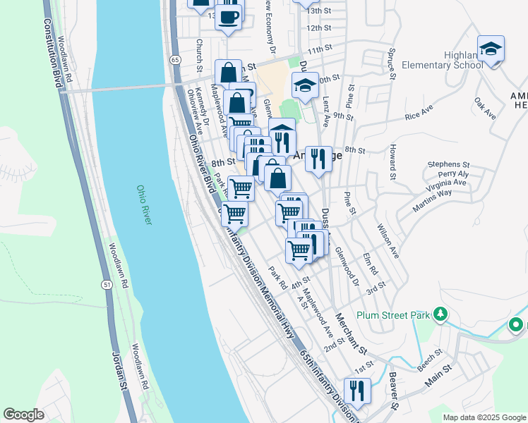 map of restaurants, bars, coffee shops, grocery stores, and more near 641 Maplewood Avenue in Ambridge