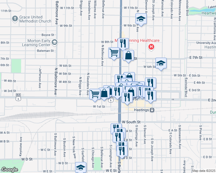 map of restaurants, bars, coffee shops, grocery stores, and more near 1007 West 4th Street in Hastings