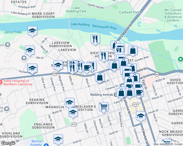 map of restaurants, bars, coffee shops, grocery stores, and more near 1740 Eureka Way in Redding
