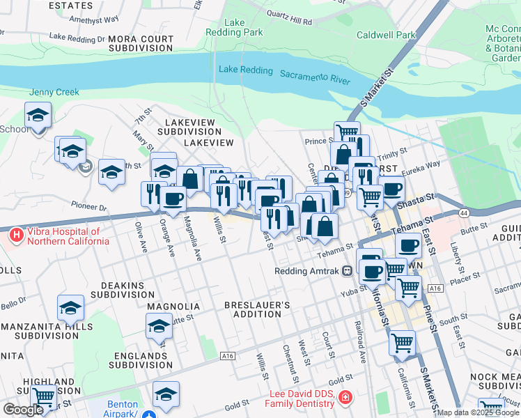 map of restaurants, bars, coffee shops, grocery stores, and more near 1860 Eureka Way in Redding