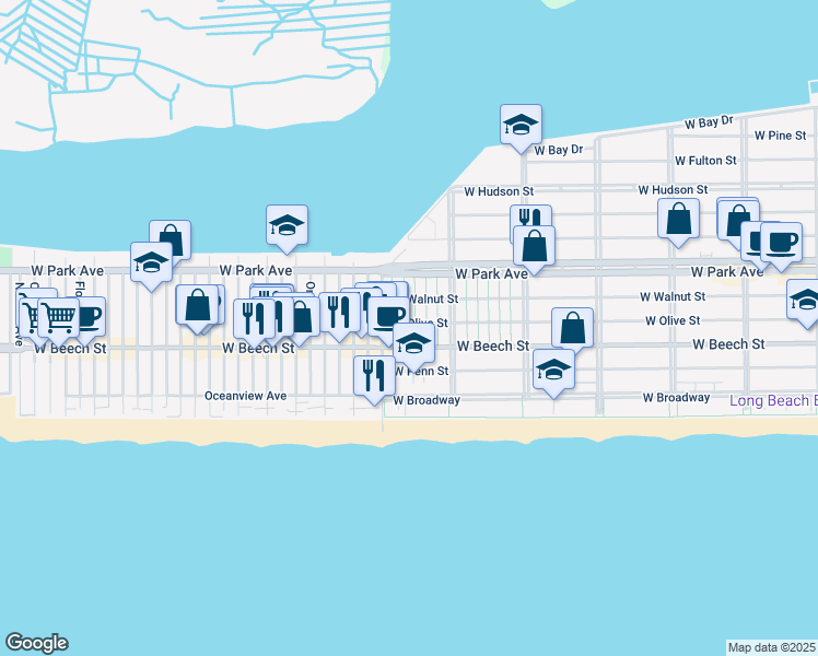 map of restaurants, bars, coffee shops, grocery stores, and more near 14 June Walk in Long Beach
