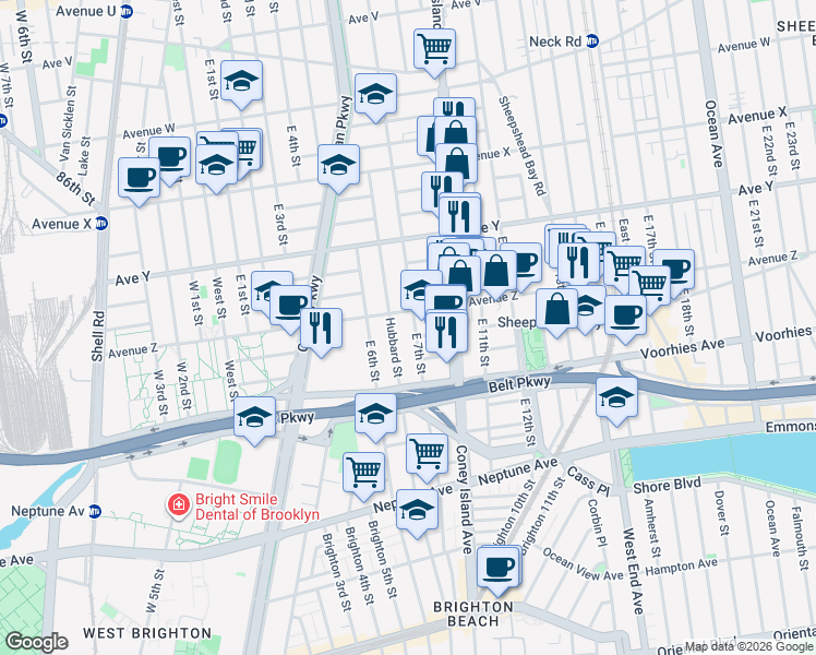 map of restaurants, bars, coffee shops, grocery stores, and more near 2602 East 7th Street in Brooklyn