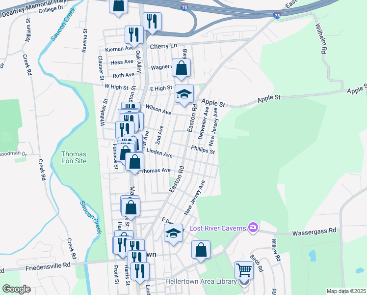 map of restaurants, bars, coffee shops, grocery stores, and more near 1234 Easton Road in Hellertown