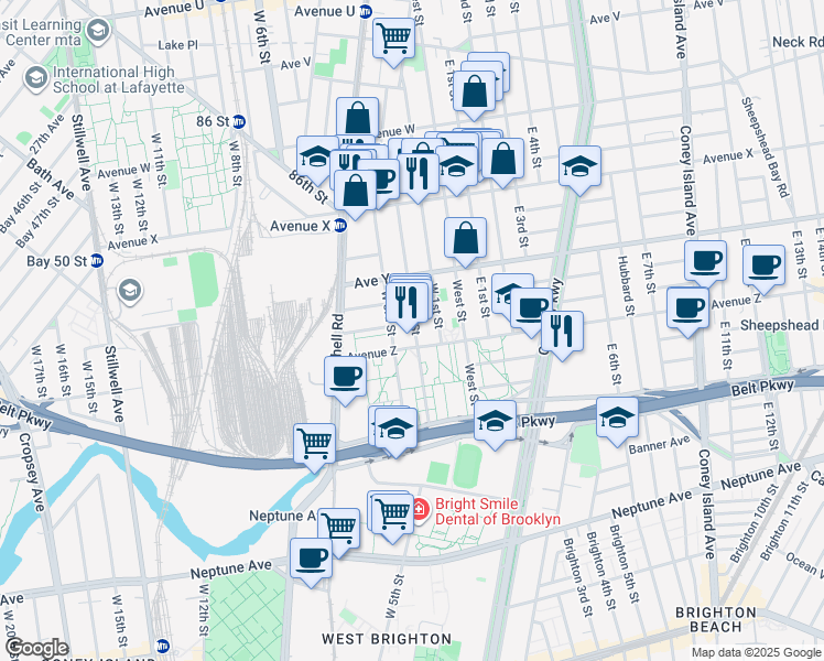 map of restaurants, bars, coffee shops, grocery stores, and more near 2525 West 2nd Street in Brooklyn