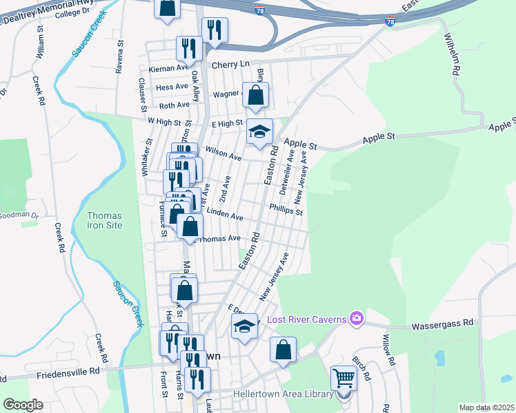 map of restaurants, bars, coffee shops, grocery stores, and more near 1234 Easton Road in Hellertown
