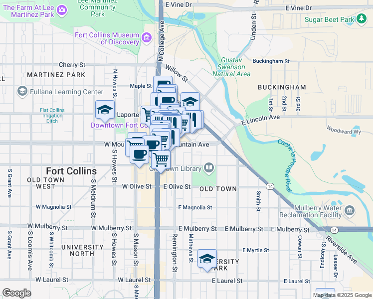 map of restaurants, bars, coffee shops, grocery stores, and more near in Fort Collins