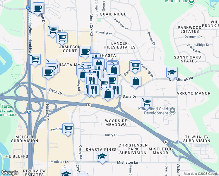 map of restaurants, bars, coffee shops, grocery stores, and more near 1280 Dana Drive in Redding