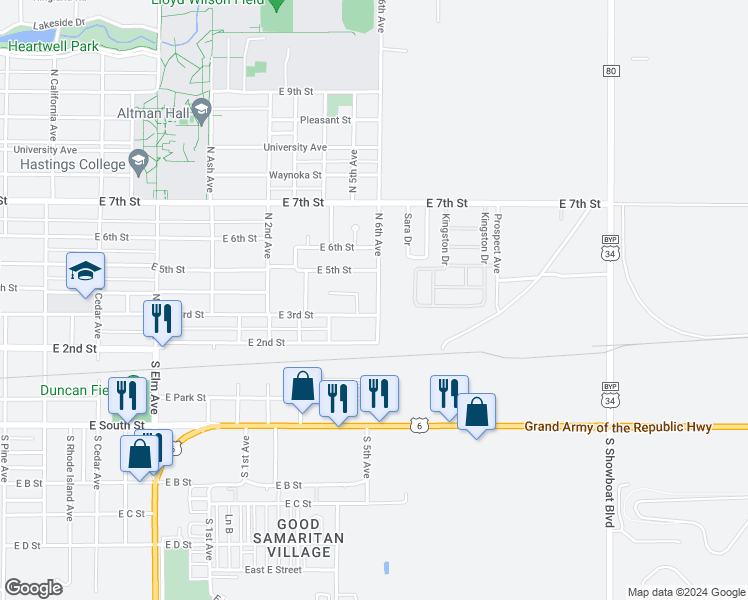 map of restaurants, bars, coffee shops, grocery stores, and more near 307 North 6th Avenue in Hastings