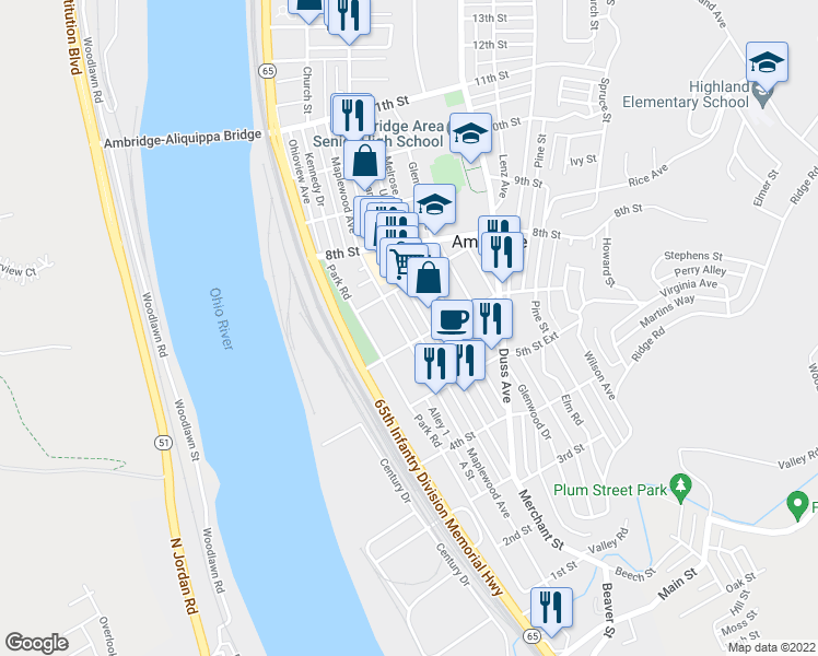 map of restaurants, bars, coffee shops, grocery stores, and more near 618 Maplewood Avenue in Ambridge
