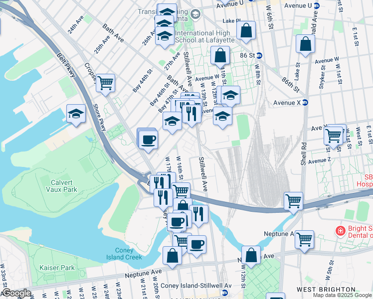 map of restaurants, bars, coffee shops, grocery stores, and more near 2475 West 16th Street in Brooklyn
