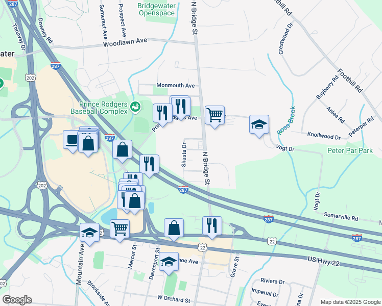 map of restaurants, bars, coffee shops, grocery stores, and more near 952 6th Avenue in Bridgewater Township
