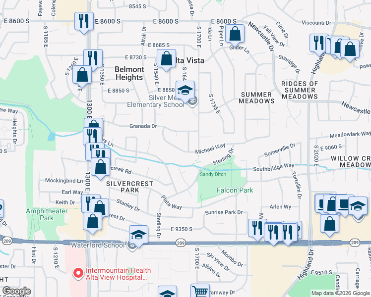 map of restaurants, bars, coffee shops, grocery stores, and more near 9051 South 1660 East in Sandy