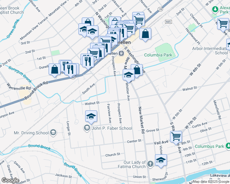 map of restaurants, bars, coffee shops, grocery stores, and more near 246 Prospect Avenue in Dunellen
