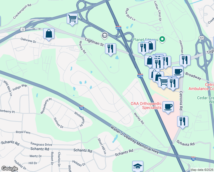 map of restaurants, bars, coffee shops, grocery stores, and more near 361 Pennycress Road in Allentown