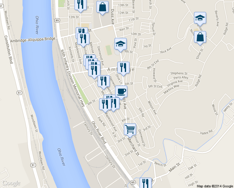 map of restaurants, bars, coffee shops, grocery stores, and more near 547 Glenwood Avenue in Ambridge