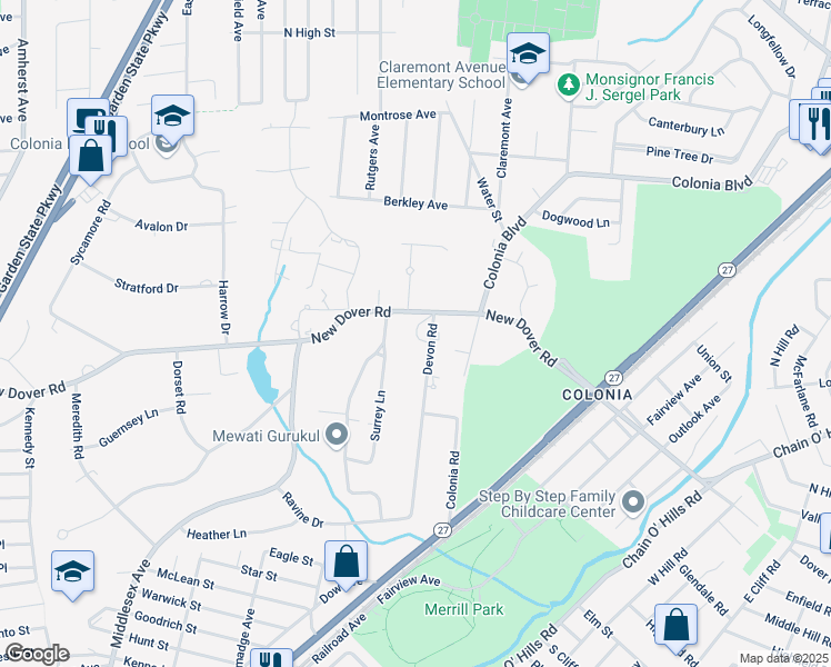 map of restaurants, bars, coffee shops, grocery stores, and more near 1 Stafford Road in Woodbridge Township