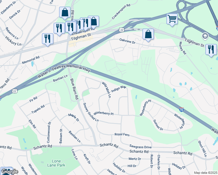 map of restaurants, bars, coffee shops, grocery stores, and more near 473 Wild Mint Lane in Allentown