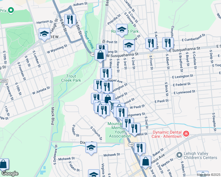 map of restaurants, bars, coffee shops, grocery stores, and more near 358 Chapel Avenue in Allentown