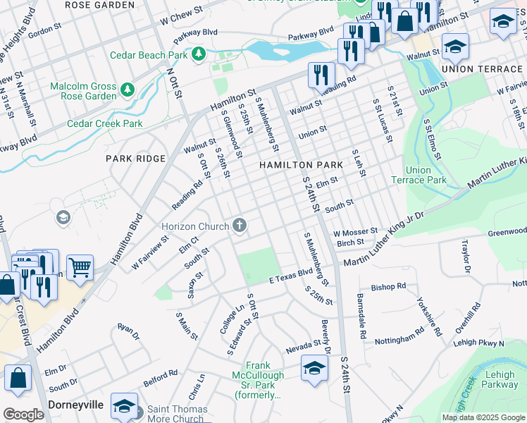 map of restaurants, bars, coffee shops, grocery stores, and more near 405 South Glenwood Street in Allentown