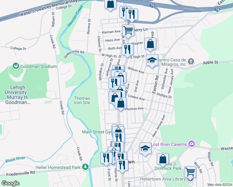 map of restaurants, bars, coffee shops, grocery stores, and more near 1180 Main Street in Hellertown
