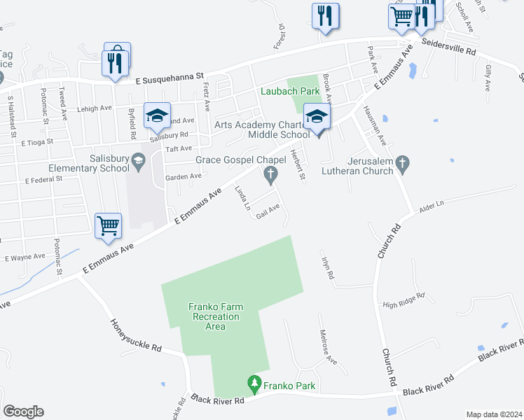 map of restaurants, bars, coffee shops, grocery stores, and more near 1415 Gail Avenue in Allentown