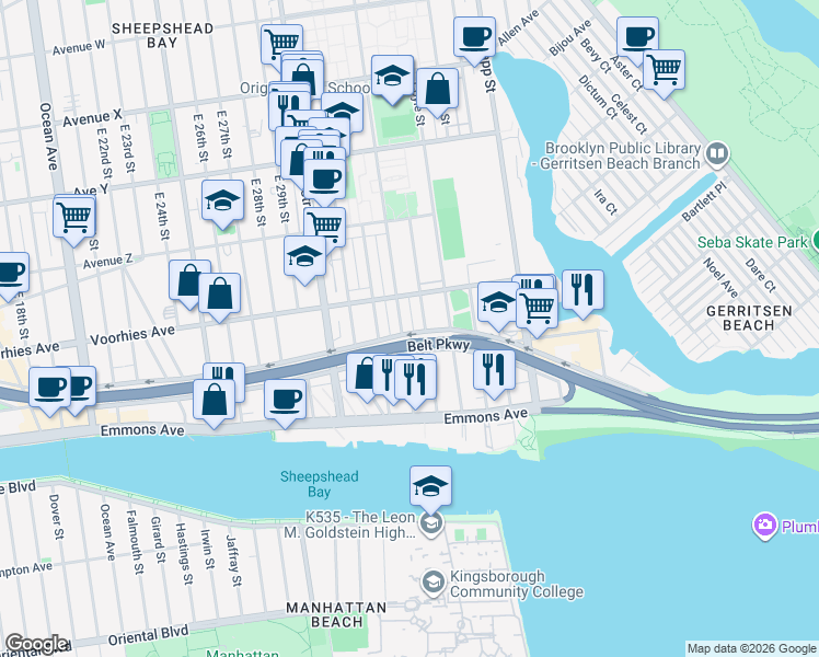 map of restaurants, bars, coffee shops, grocery stores, and more near 2724 Batchelder Street in Brooklyn