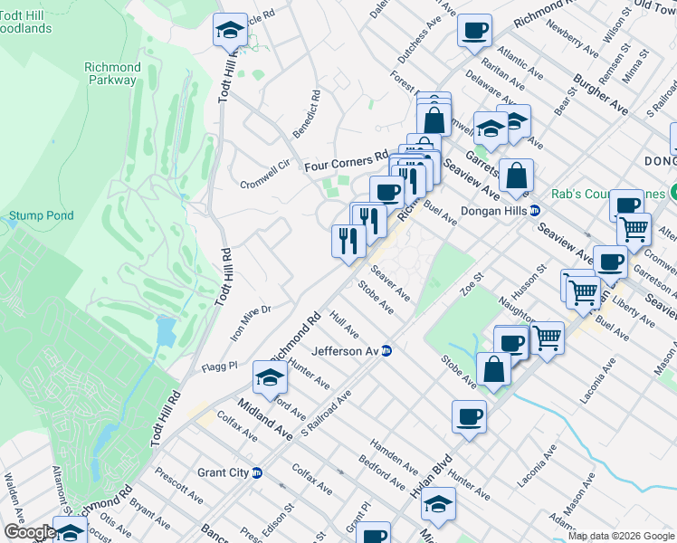 map of restaurants, bars, coffee shops, grocery stores, and more near 1781 Richmond Road in Staten Island
