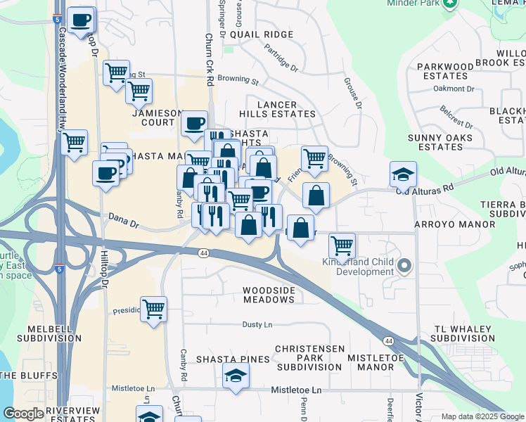 map of restaurants, bars, coffee shops, grocery stores, and more near 1280 Dana Drive in Redding