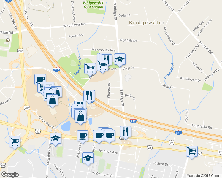 map of restaurants, bars, coffee shops, grocery stores, and more near 952 6th Avenue in Bridgewater