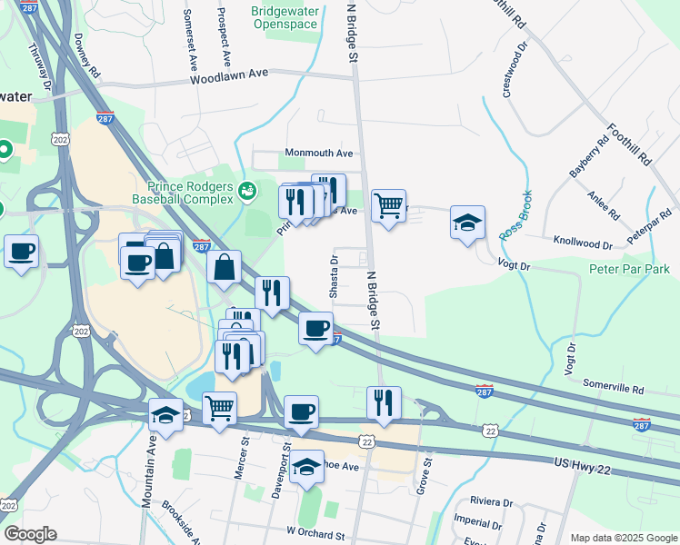 map of restaurants, bars, coffee shops, grocery stores, and more near 952 6th Avenue in Bridgewater