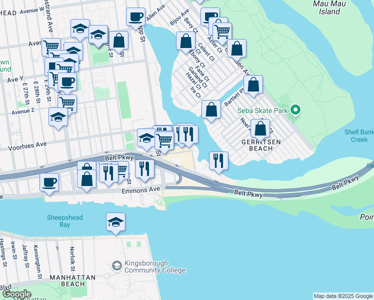 map of restaurants, bars, coffee shops, grocery stores, and more near 3 Plumb 3rd Street in Brooklyn