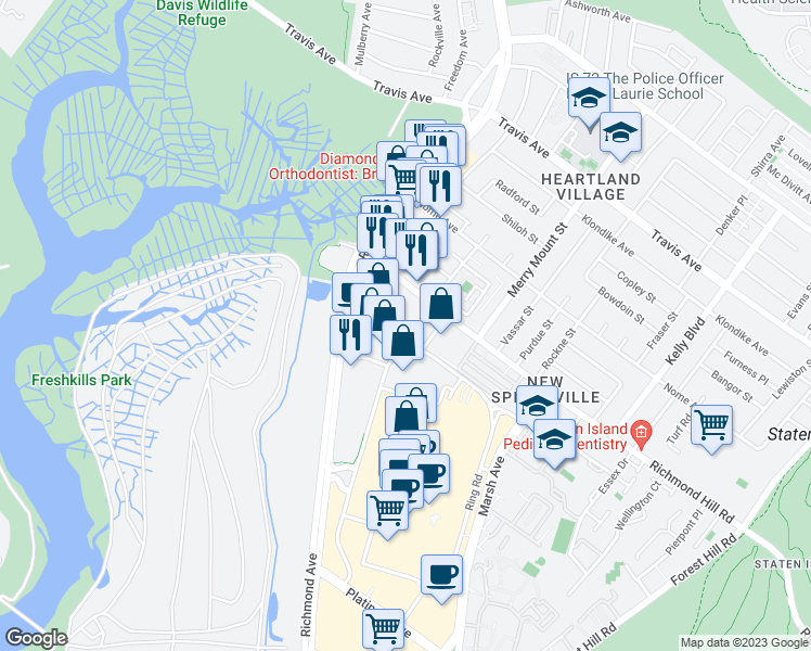 map of restaurants, bars, coffee shops, grocery stores, and more near 80 Richmond Hill Road in Staten Island