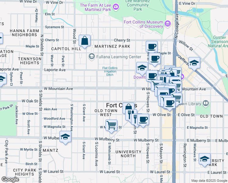 map of restaurants, bars, coffee shops, grocery stores, and more near 521 West Mountain Avenue in Fort Collins