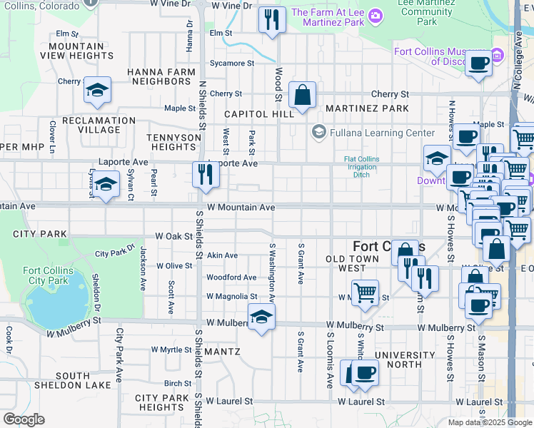 map of restaurants, bars, coffee shops, grocery stores, and more near 901 West Mountain Avenue in Fort Collins