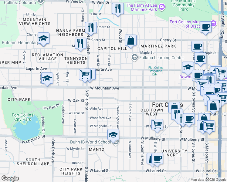 map of restaurants, bars, coffee shops, grocery stores, and more near 901 West Mountain Avenue in Fort Collins