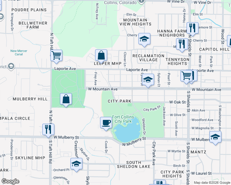 map of restaurants, bars, coffee shops, grocery stores, and more near 100 South Bryan Avenue in Fort Collins