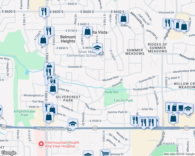 map of restaurants, bars, coffee shops, grocery stores, and more near 9051 South 1660 East in Sandy