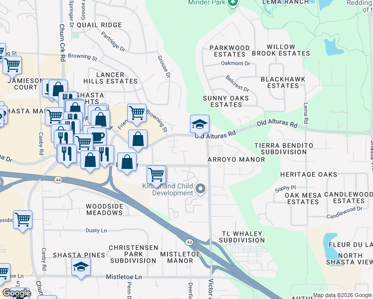 map of restaurants, bars, coffee shops, grocery stores, and more near 1269 Old Alturas Road in Redding