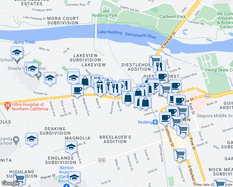 map of restaurants, bars, coffee shops, grocery stores, and more near 1132 North Court Street in Redding