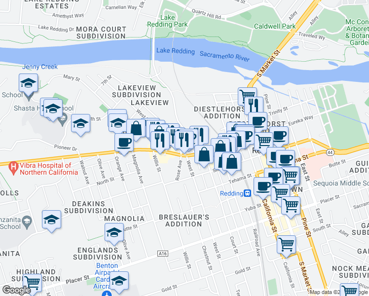 map of restaurants, bars, coffee shops, grocery stores, and more near 1132 North Court Street in Redding