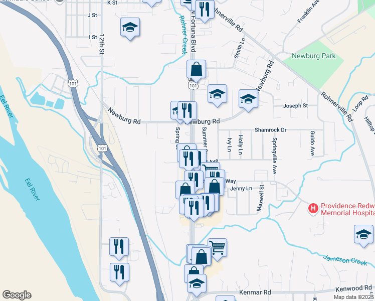 map of restaurants, bars, coffee shops, grocery stores, and more near 1824 1st Street in Fortuna