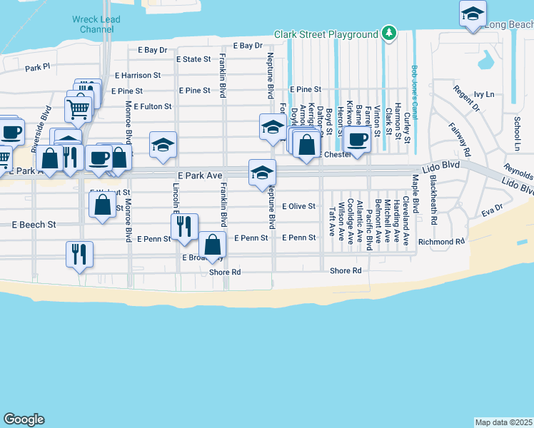 map of restaurants, bars, coffee shops, grocery stores, and more near 217 Neptune Boulevard in Long Beach