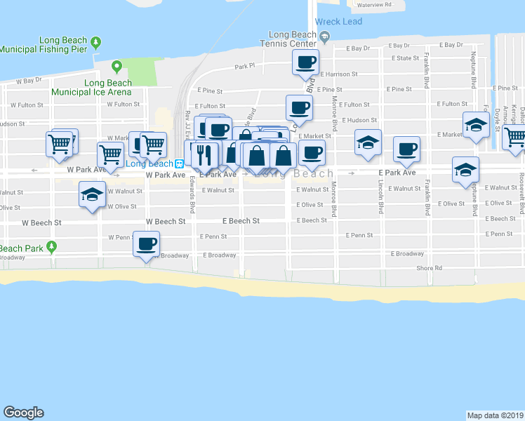map of restaurants, bars, coffee shops, grocery stores, and more near 115 East Olive Street in Long Beach