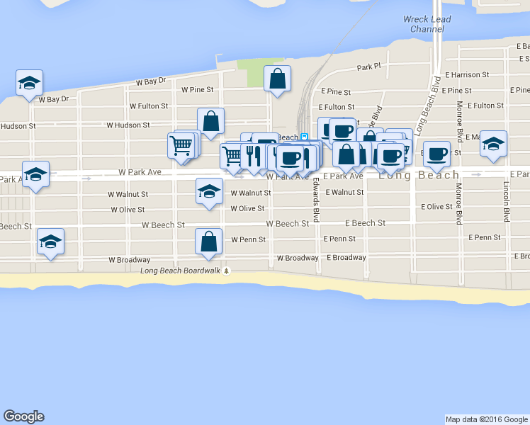 map of restaurants, bars, coffee shops, grocery stores, and more near 254 National Boulevard in Long Beach