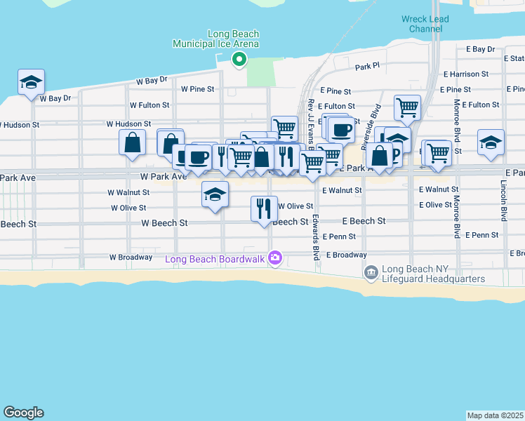 map of restaurants, bars, coffee shops, grocery stores, and more near 129 West Olive Street in Long Beach