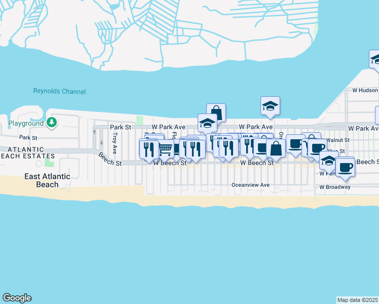 map of restaurants, bars, coffee shops, grocery stores, and more near 78 Georgia Avenue in Long Beach