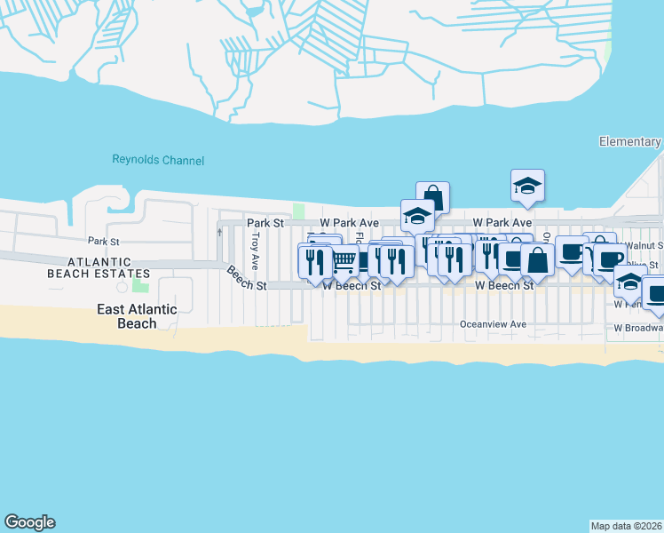 map of restaurants, bars, coffee shops, grocery stores, and more near 75 Connecticut Avenue in Long Beach