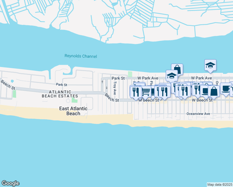 map of restaurants, bars, coffee shops, grocery stores, and more near 71 Troy Avenue in East Atlantic Beach