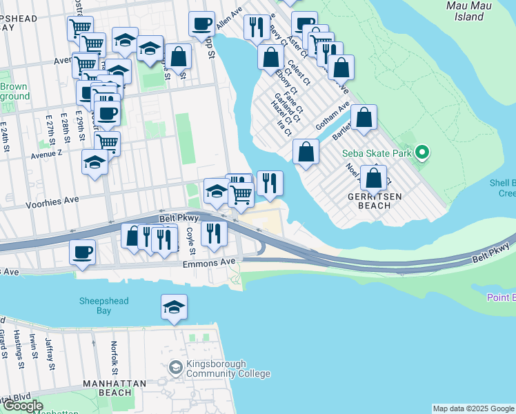 map of restaurants, bars, coffee shops, grocery stores, and more near 2734 Plumb 2nd Street in Brooklyn